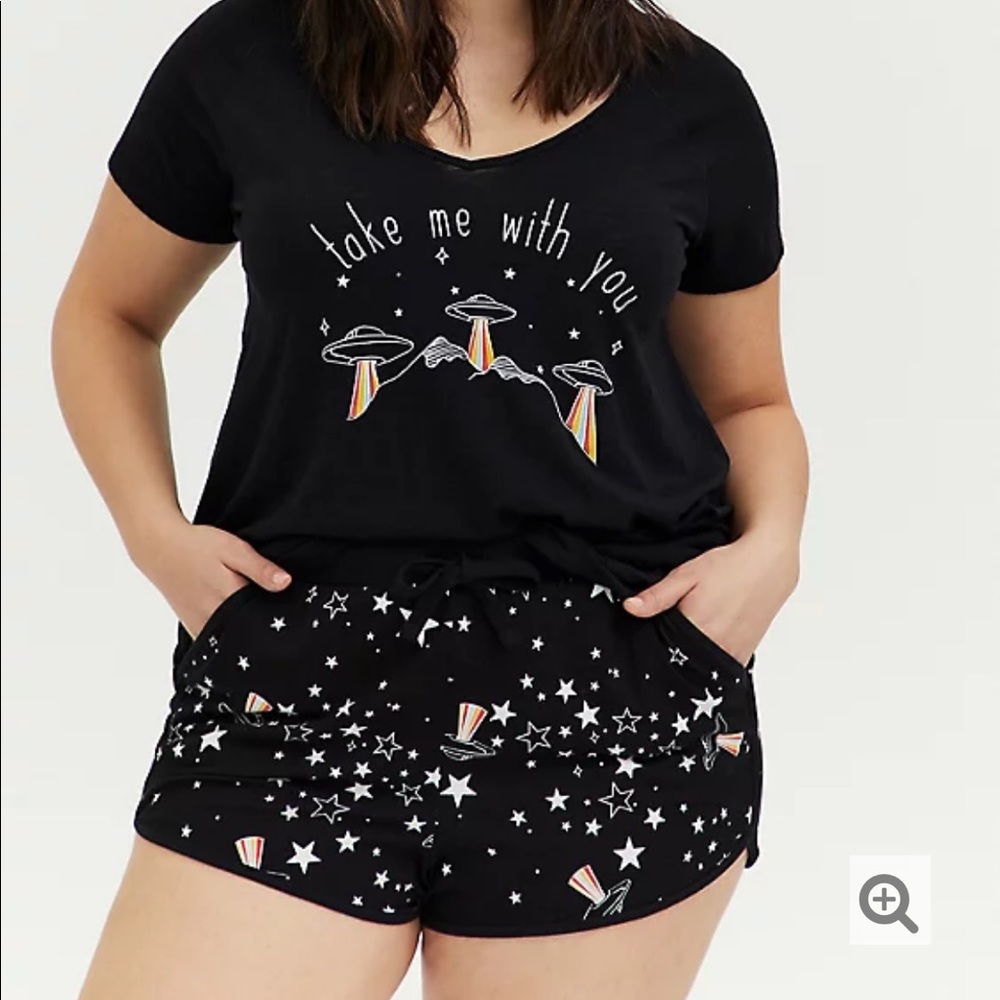 WITH YOU UFO BLACK SLUB JERSEY V-NECK SLEEP TEE